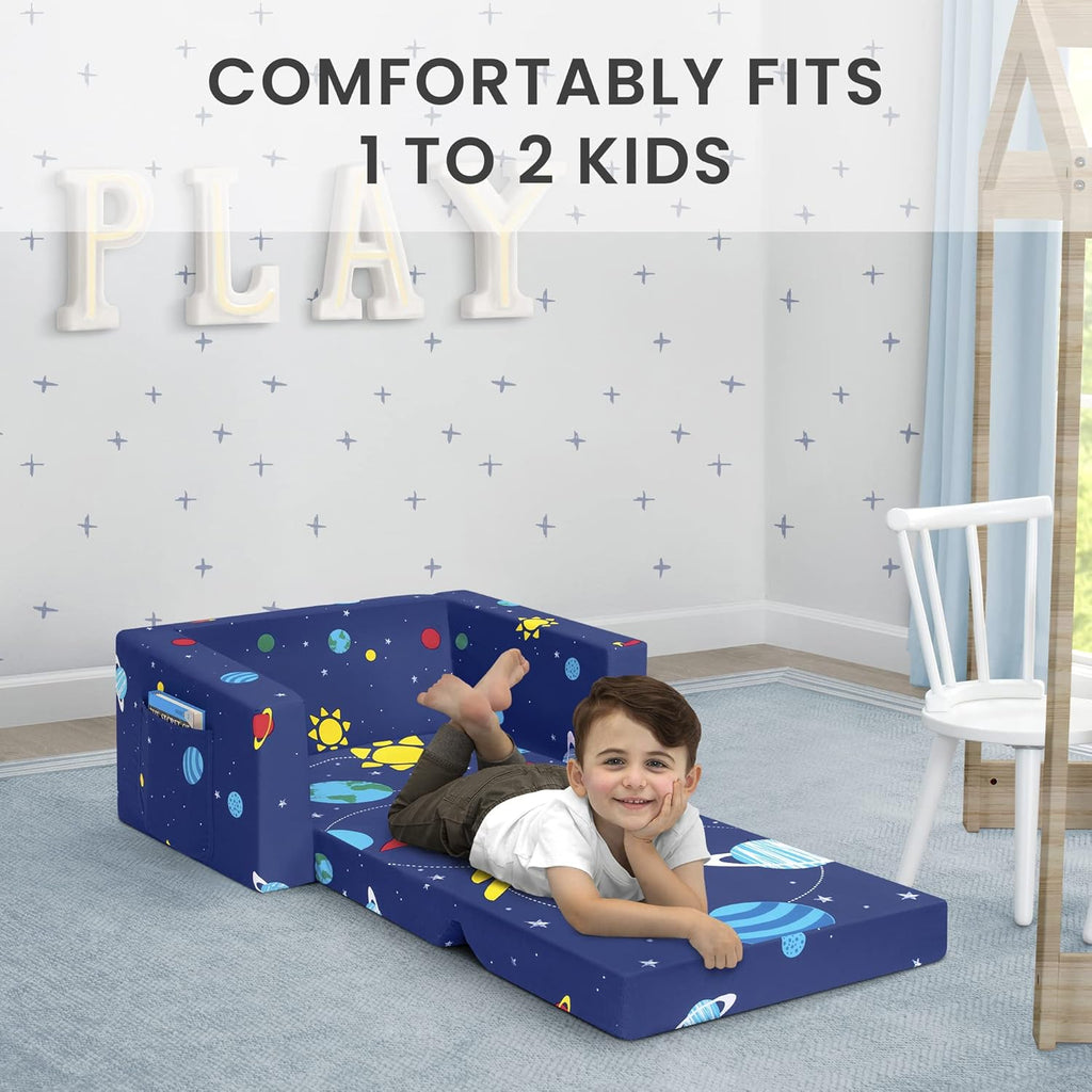 Delta Children Cozee Kids Couch 2-Seater Kids Sofa, Convertible 2-in-1 Flip Open Toddler Couch Sleeper, Foam Chair for Playroom & Bedroom, Bed Lounger, Comfy Play Sleeping Lounge Chair, Space Theme