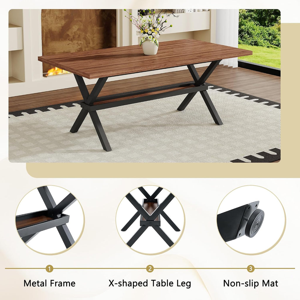71" Farmhouse Dining Table Set for 6, 7 Piece Rectangular Kitchen Table and Chairs Set, Walnut Wood Grain Dining Room Table with Iron Legs & 6 Black Upholstered Chairs, Easy Assembly