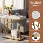 Tribesigns C Shaped Side Table for Coach Modern Narrow End Table with Metal Frame,Sofa Table Bedside Table for Living Room Bedroom (White&Gold)