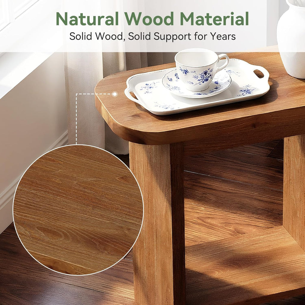 Genuine Solid Wood Side Table, H-Shaped 2-Tier End Table with Storage Shelf, Farmhouse Narrow Nightstand for Living Room, Bedroom, Couch & Armchair, Easy 30-Minute Assembly, Natural Brown