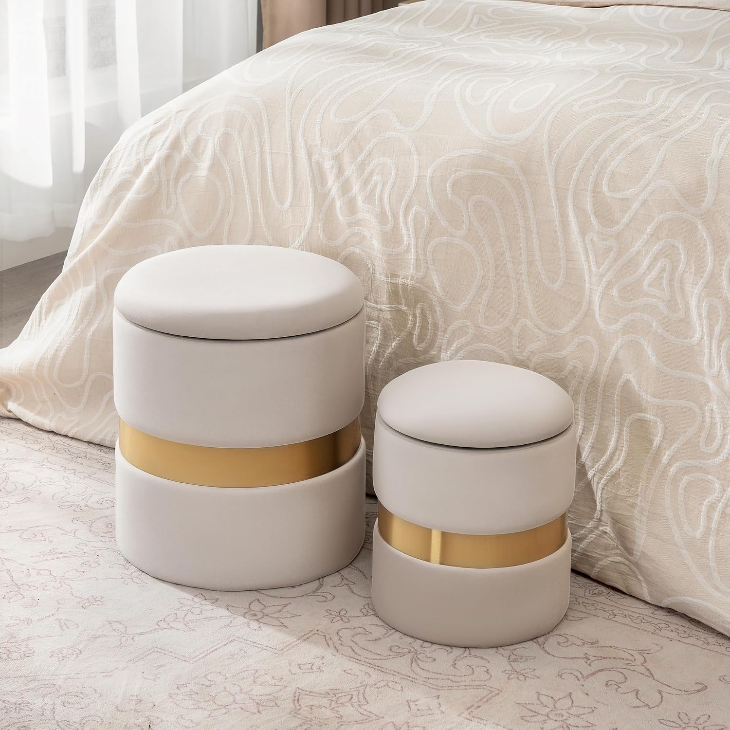 Joveco Round Storage Ottoman Set of 2, Velvet Upholstered Foot Rest Stool Vanity Footsool for Living Room, Bedroom, Light Beige