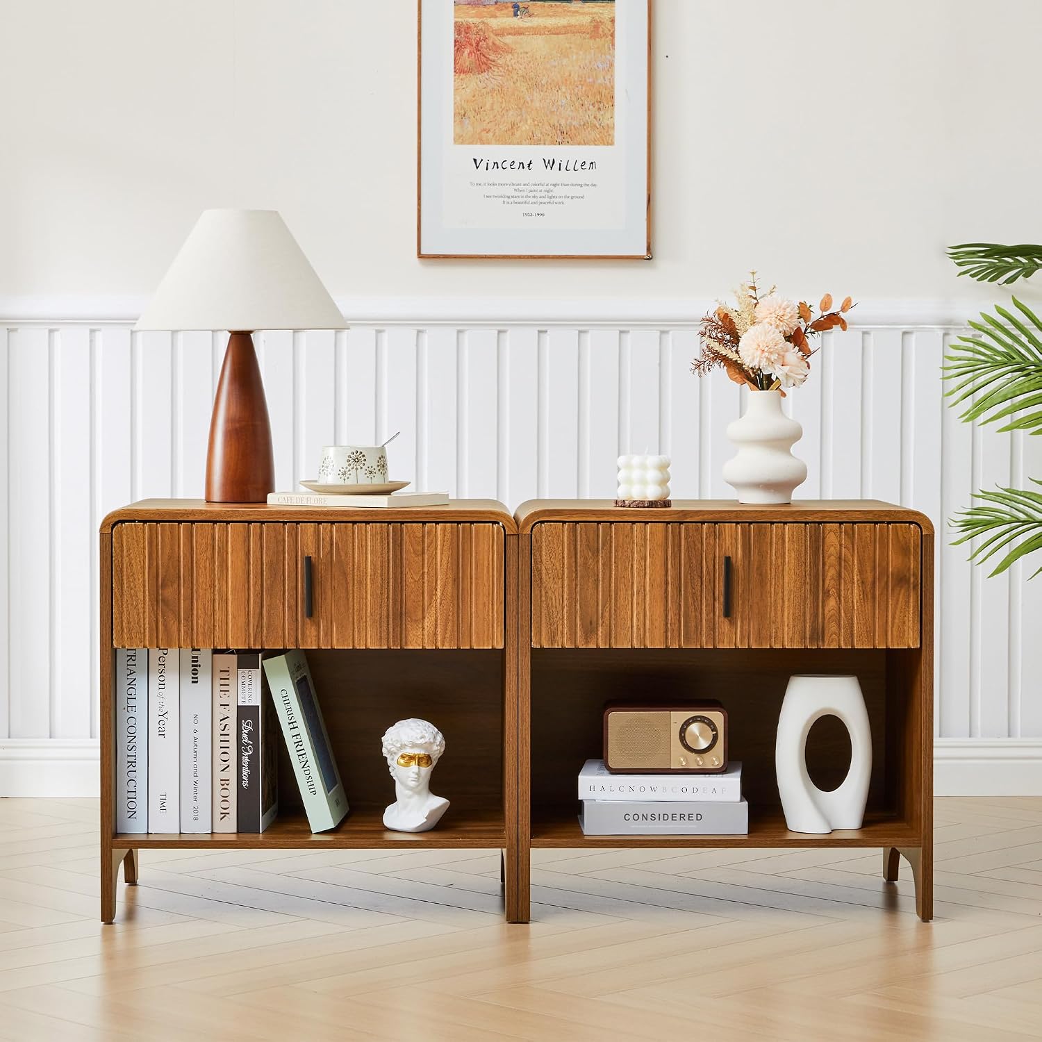 Fluted Night Stand Set of 2, Modern Nightstand Curved Profile, Drawer and Open Shelf - Bedside Table Wood Side Table Set for Bedroom (Walnut-2 nightstands)