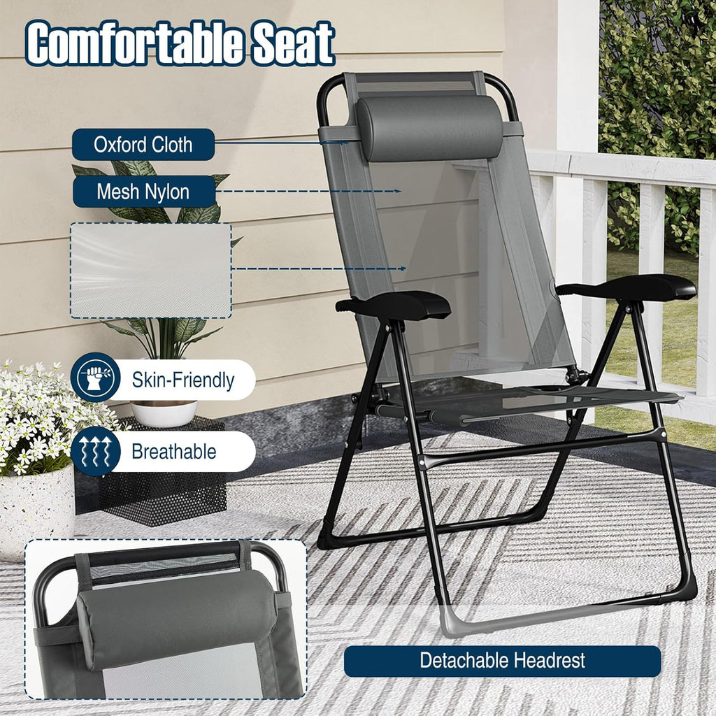 Giantex Set of 2 Patio Folding Chairs, Portable Outdoor Dining Chairs with 7-Level Adjustable Backrest, Headrest, Metal Frame, Outside Recliner for Front Porch Camping Picnic Lawn Garden, Dark Gray