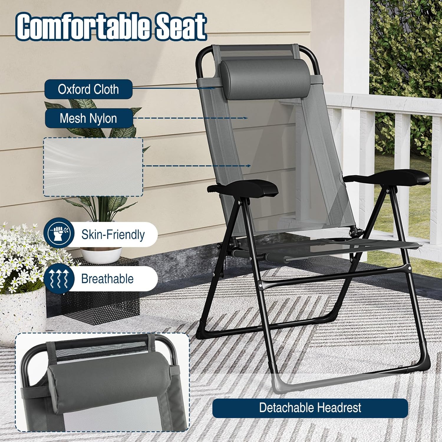 Giantex Set of 2 Patio Folding Chairs, Portable Outdoor Dining Chairs with 7-Level Adjustable Backrest, Headrest, Metal Frame, Outside Recliner for Front Porch Camping Picnic Lawn Garden, Dark Gray