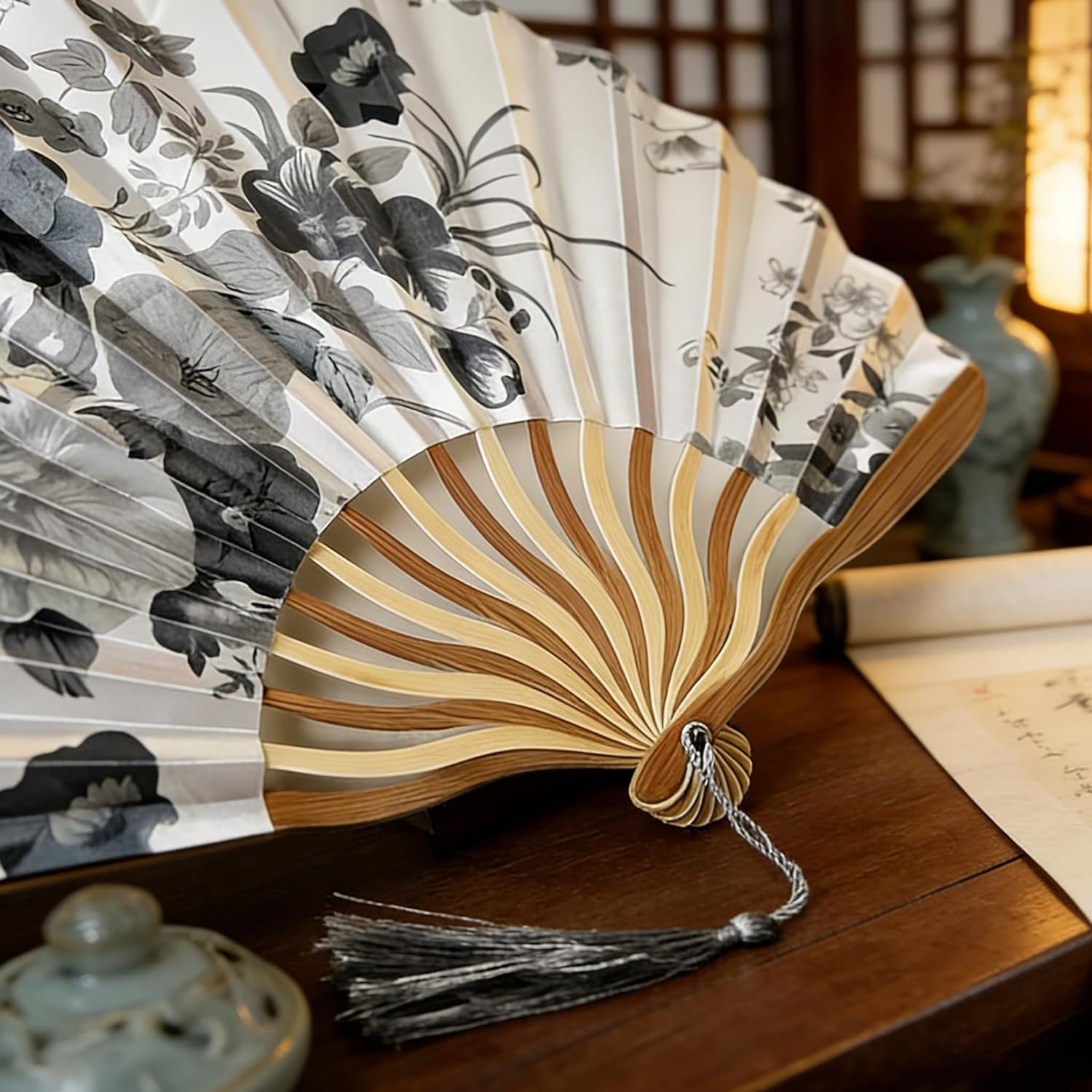 1pc Folding Hand Fan Set With Tassel, Chinese Ink Painting Handheld Fan, Portable Fan for Summer Cooling, Decorative Fan for Dance, Wedding Stage Props 11in*8.85in,Gray