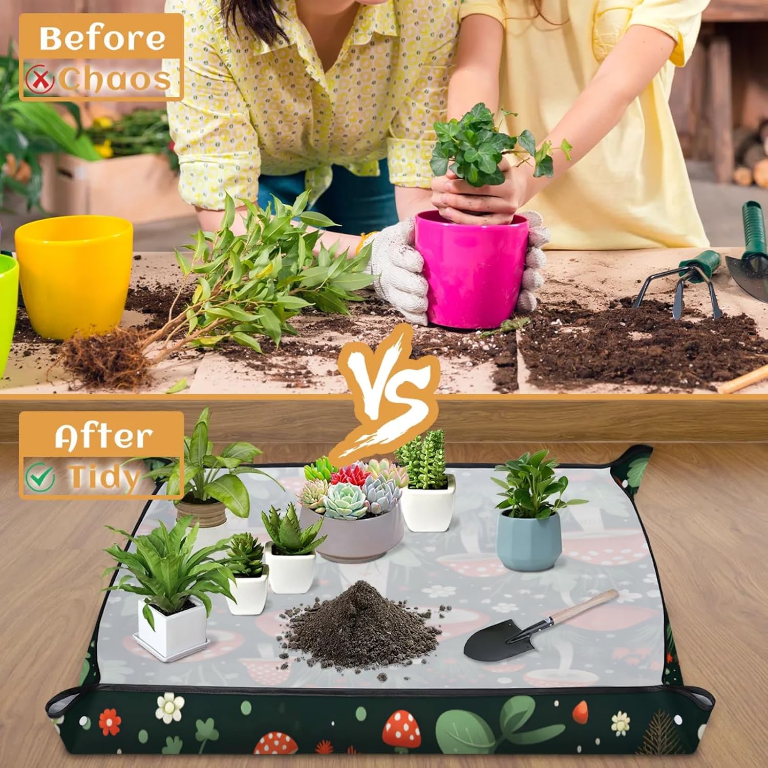 Pardick Repotting Mat for Indoor Plant 26"x26" Flowers Mushrooms Soil Change Mat Waterproof Planting Tray Colorful Mushrooms Foldable Succulent Potting Mat Gardening Gifts for Women Men Plant Lovers