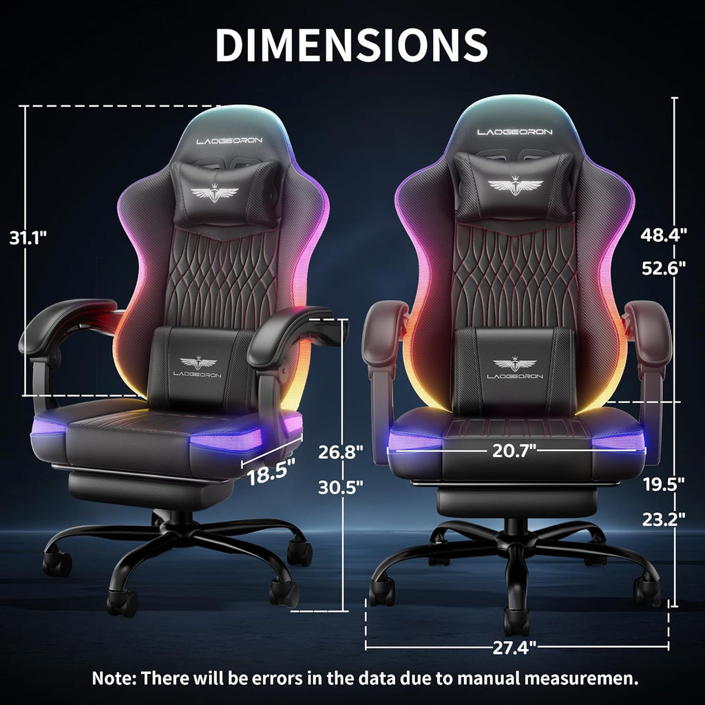 Ergonomic Gaming Chair, RGB LED Lights Computer Chairs with Retractable Footrest, 400 lbs Lumbar Support Linked Armrests Gamer Chair High Back Heavy Duty Video Game Chairs (Black Red)