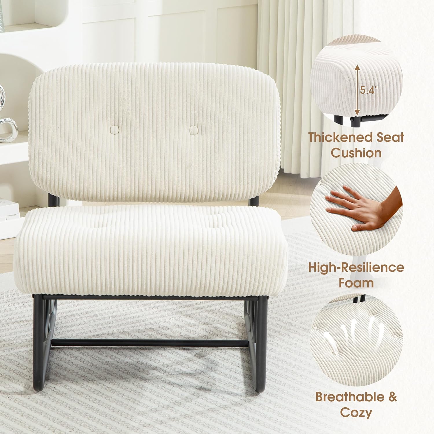 Armless Accent Chair, Beige Upholstered Chair for Bedroom, Comfy Modern Chair for Living Room, Small Space Mid Century Accent Chair, No Arm Lounge Chair