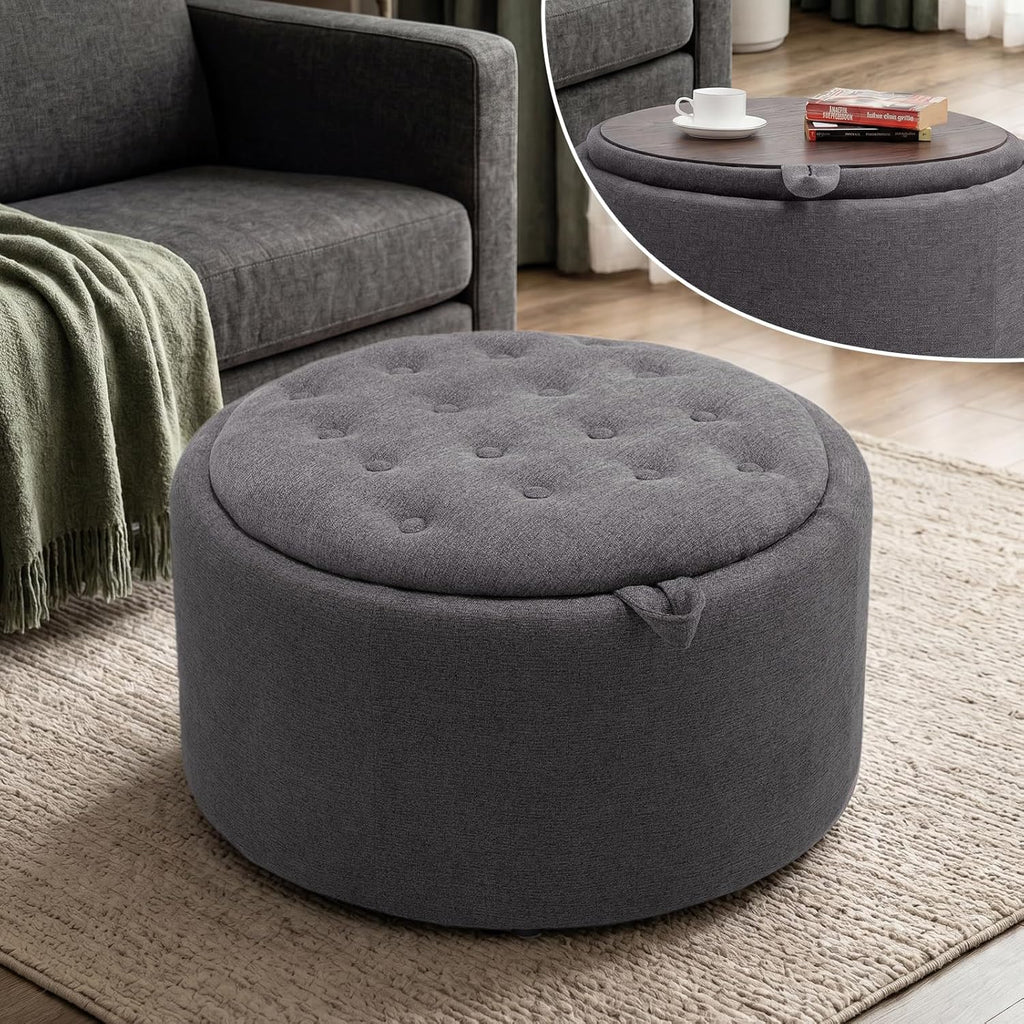 Tbfit Multi-Functional Round Storage Ottoman for Home - No-Assembly Footrest & Seat with Spacious Storage Plush Fabric Design for Living Room, Bedroom, Nursery (Dark Gray)