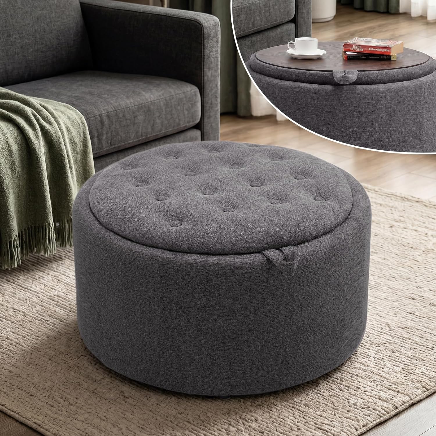 Tbfit Multi-Functional Round Storage Ottoman for Home - No-Assembly Footrest & Seat with Spacious Storage Plush Fabric Design for Living Room, Bedroom, Nursery (Dark Gray)