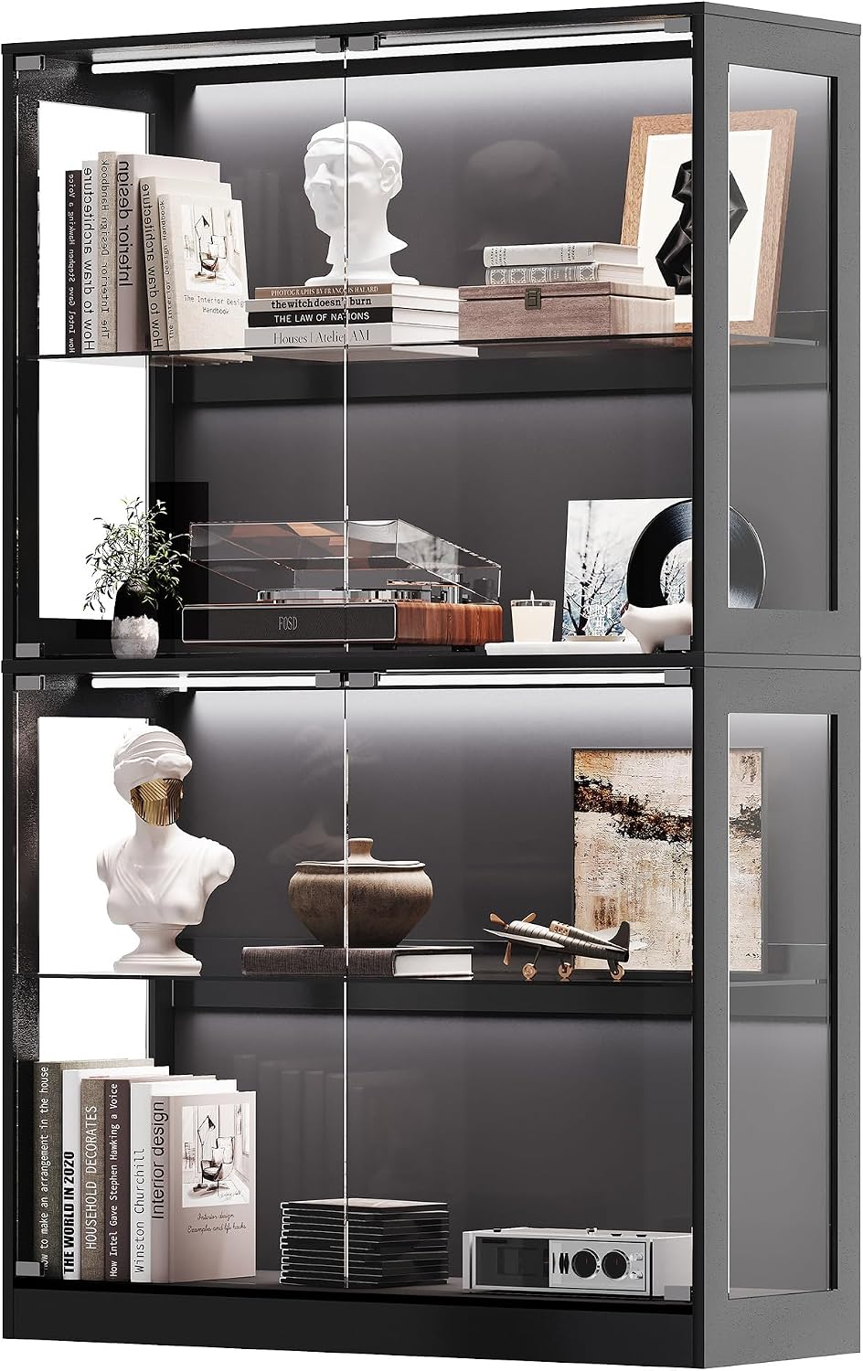 AMERLIFE 45-Inch RGB Display Cabinet with Glass Doors | 70 H x 45 W x 16 D In, 4-Tier Storage, Adjustable Glass Shelves, RGB LED Lights, Press-to-Open Doors, Black