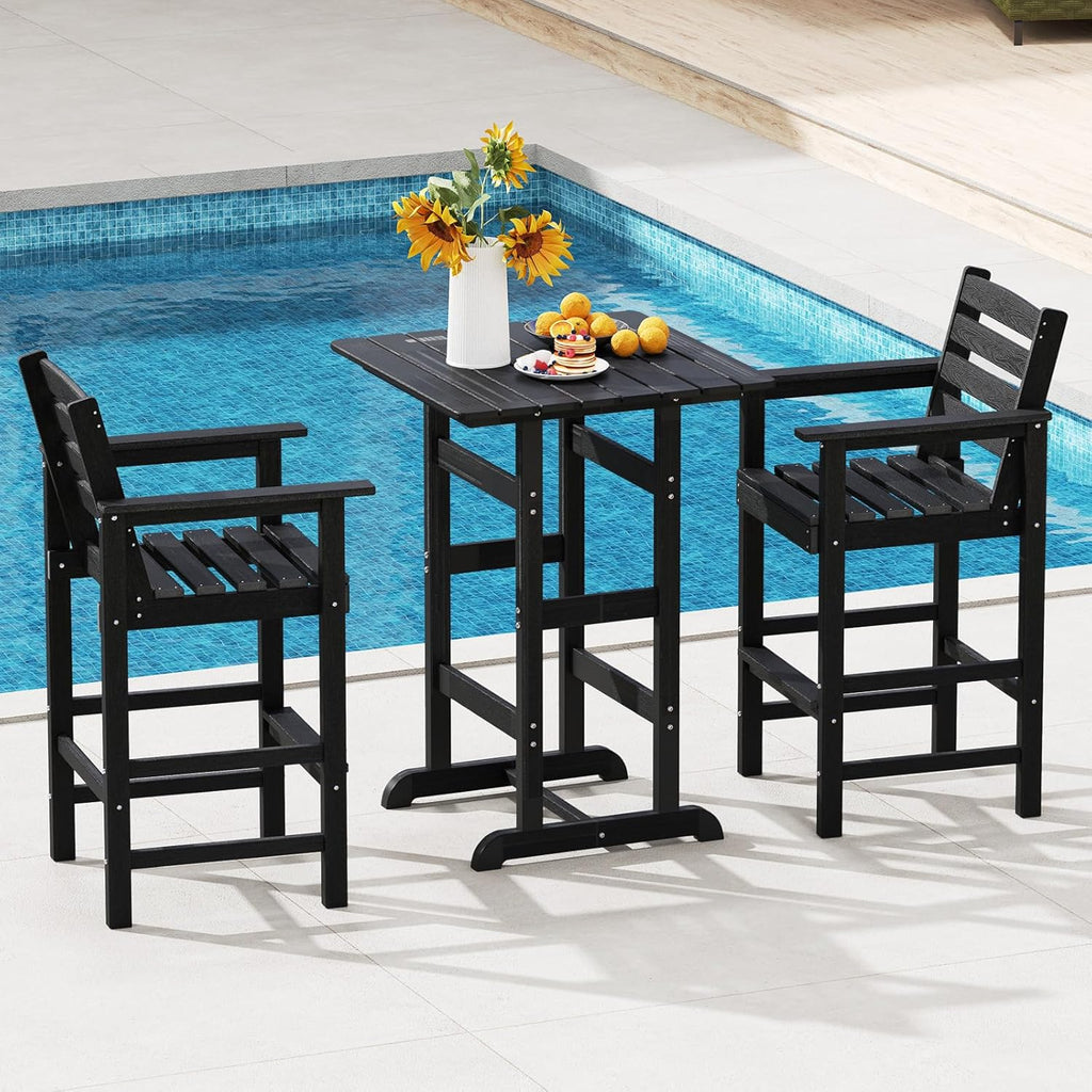 Tangkula Patio Adirondack Chairs Set of 2, HDPE Bar Height Chair with Wide Armrests & Footrest, Outdoor High-Top Slatted Bar Chairs with Backrest for Backyard, Lawn, Poolside (2, Black)