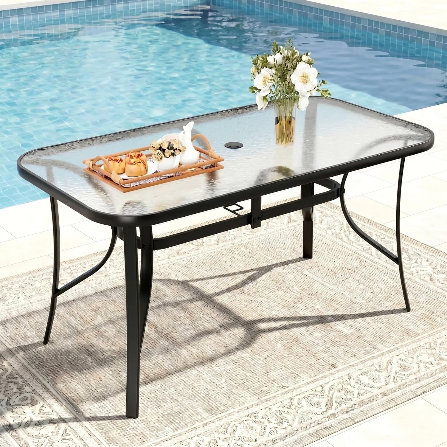 TLSUNNY Patio Outdoor Table W/ 1.69″ Umbrella Hole, 30"X 55" Rectangular Tempered Glass Patio Dining Table for 6, Outdoor Metal Furniture, All-Weather Use, for Patio, Graden, Backyard (Black)
