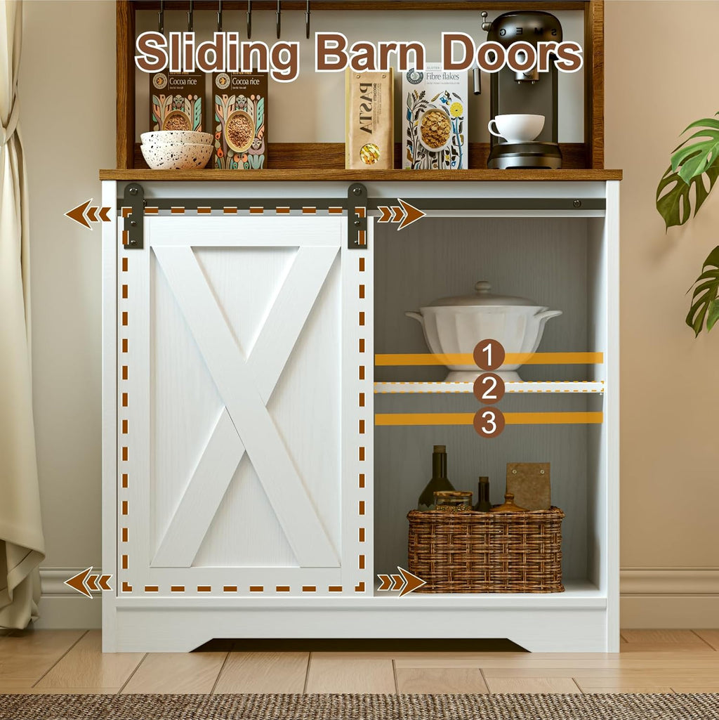 Farmhouse Coffee Bar with Hutch, 55 Inch White Coffee Bar Cabinet Storage with LED Light and Sliding Barn Door, Buffet Cabinet with 6 Hooks, Adjustable Shelves for Living Dining Room