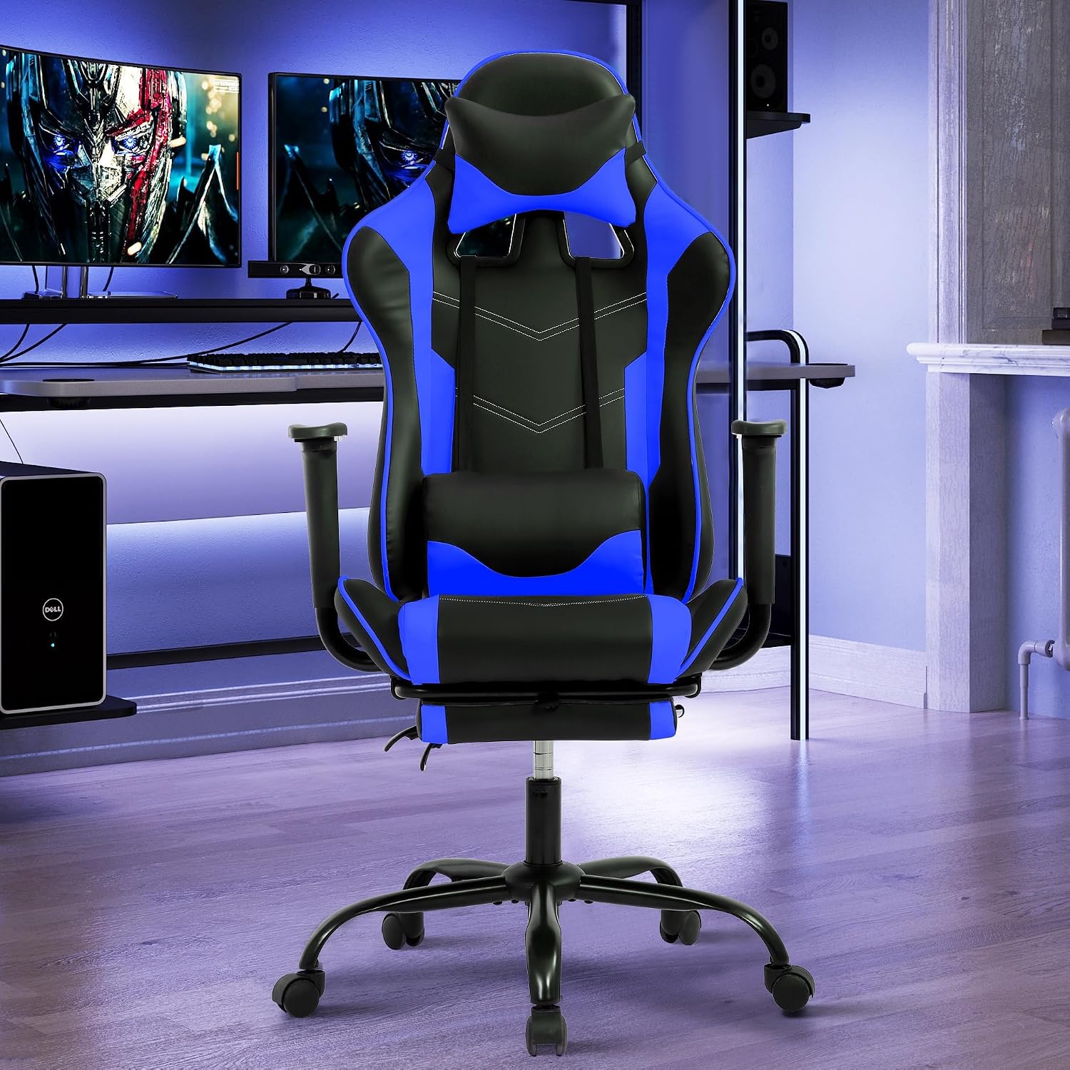 Gaming Chair, High Back PU Leather Gaming Chairs Computer Chair with Headrest & Lumbar Support, Height Adjustable Wide Seat Gaming Chairs for Adults, Game Chair with Footrest & Armrest (Blue)