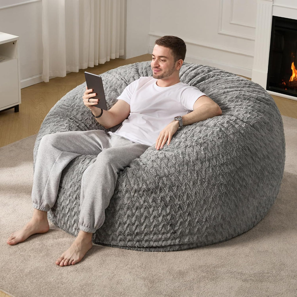 Hobestluk Bean Bag Chair Large Washable Soft Living Room Adult 5Ft Grey | No Assembly Required Memory Foam Filling Machine Washable Cover Bedroom Dorm Reading Gaming Fluffy Plush Faux Fur Fabric