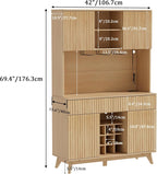 PAKASEPT 70" Fluted Kitchen Pantry Storage Cabinet with Charging Station and LED Light, Farmhouse Kitchen Hutch with Microwave Stand, Drawers and 9 Grid Wine Rack for Home, Dining Room, White