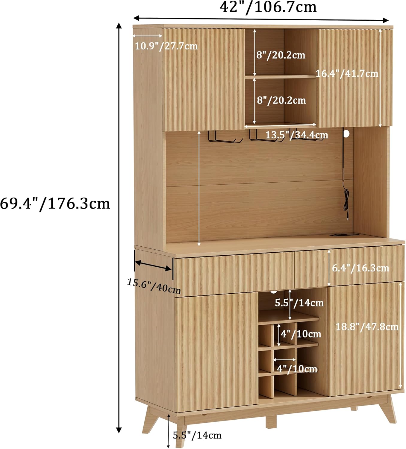 PAKASEPT 70" Fluted Kitchen Pantry Storage Cabinet with Charging Station and LED Light, Farmhouse Kitchen Hutch with Microwave Stand, Drawers and 9 Grid Wine Rack for Home, Dining Room, White