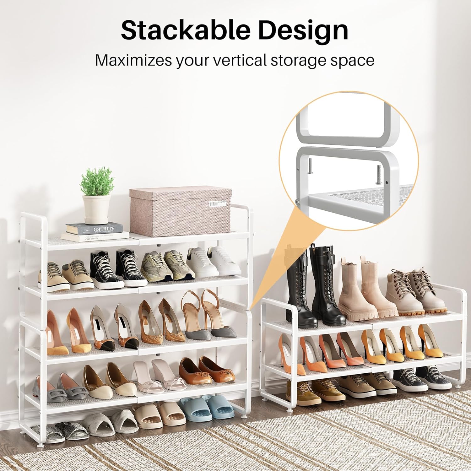 SNTD Shoe Rack - Expandable Shoe Organizer for Closet, Adjustable Metal Shoe Shelf Storage, Stackable Long Shoe Stand Holder for Garage, Entryway, Door Entrance (White, 2-Tier)