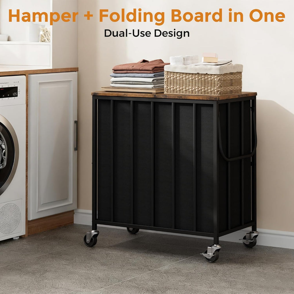 120L Laundry Hamper with Wheels and Lid, Rolling Laundry Basket with Dual Removable Liners, Soft-Close Flip-Top Wooden Lid, Metal Handles, Clothes Organizer for Bedroom and Laundry Room
