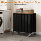 120L Laundry Hamper with Wheels and Lid, Rolling Laundry Basket with Dual Removable Liners, Soft-Close Flip-Top Wooden Lid, Metal Handles, Clothes Organizer for Bedroom and Laundry Room