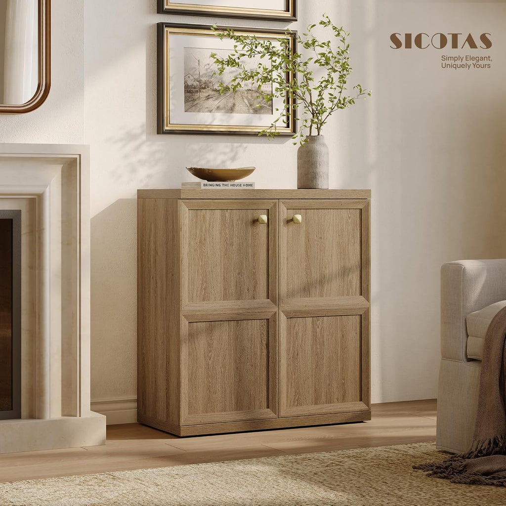 SICOTAS Buffet Cabinet with Storage, 34" Tall Modern Farmhouse Sideboard with 2 Adjustable Shelves & Geometric Doors, Large Credenza with Luxury Gold Handles for Kitchen Living Room, Brown Oak, 1 PCS