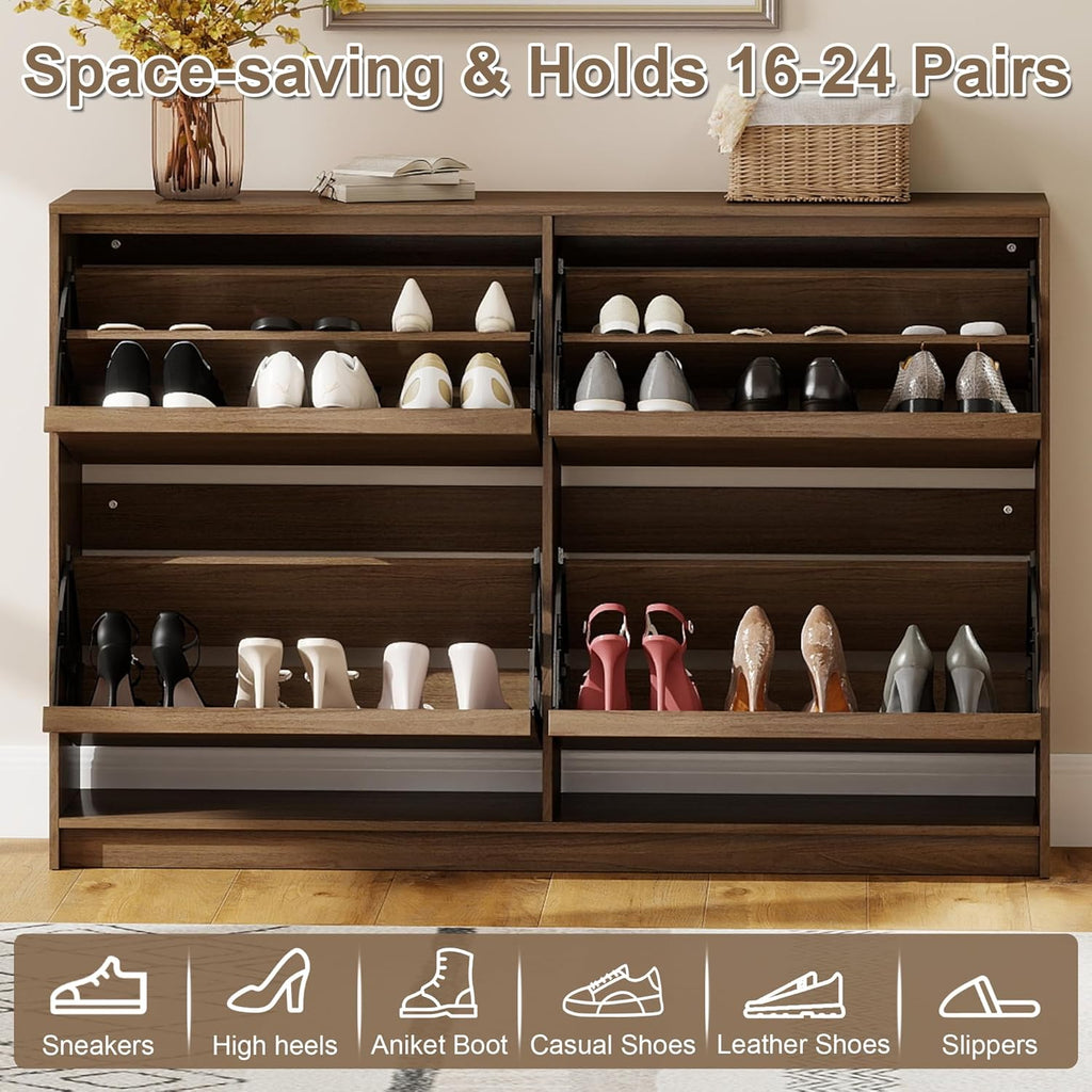 Shoe Storage Cabinet for Entryway with 4 Flip Drawers, Wooden Shoe Organizer Cabinet with Adjustable Shelf, Slim Freestanding Shoe Rack for Entryway, Hallway, Living Room, Walnut