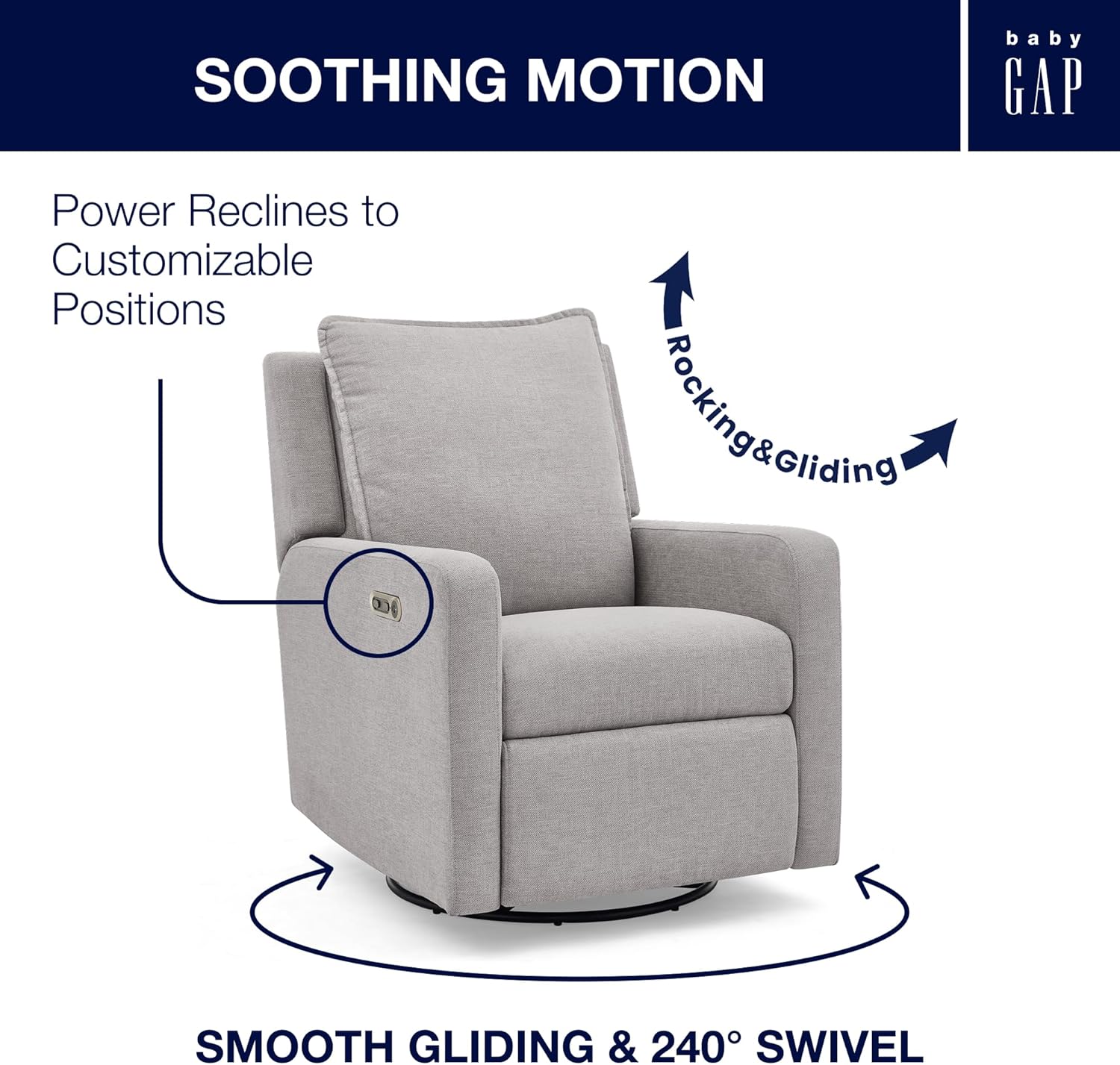 babyGap Harlowe Power Recliner with USB-A & Charging Port by Delta Children - Greenguard Gold Certified – Stain-Resistant Performance Fabric is Oeko-TEX Standard 100 Certified, Ash