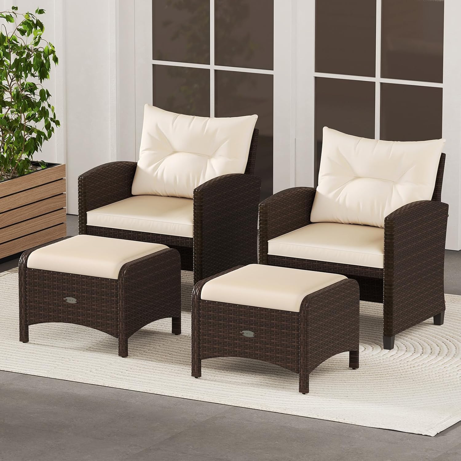 Tangkula 2 Pieces Outdoor Patio PE Wicker Ottomans with Removable Cushions, Outdoor Furniture for Additional Seating, Footrest and Side Table, Outdoor Footstools for Porch, Garden and Backyard