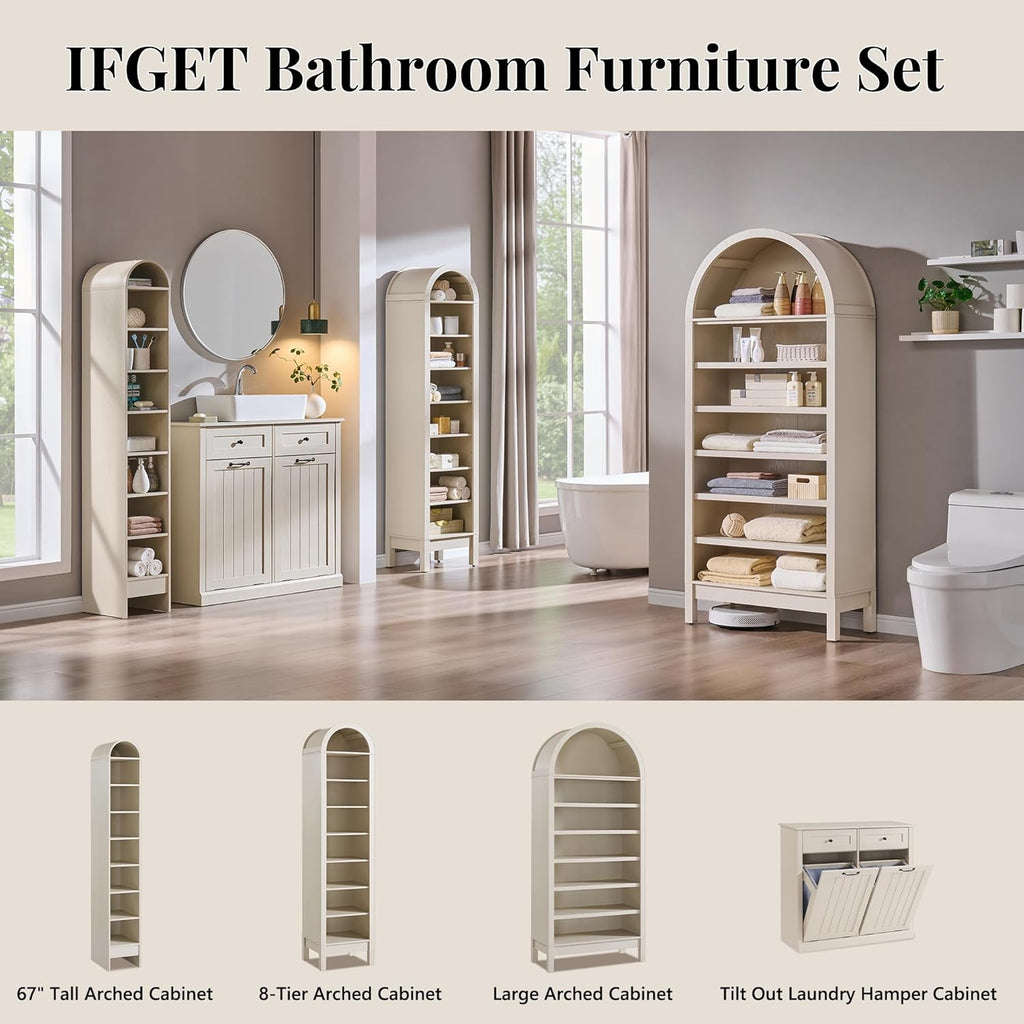 IFGET 71" Tall Arched Shoe Storage Cabinet, 8 Tiers 16 Pairs Wooden Shoe Rack with 3 Adjustable Shelves, Freestanding Shoe Closet Shelf Organizer for Entryway, Hallway, Living Room (Cream)