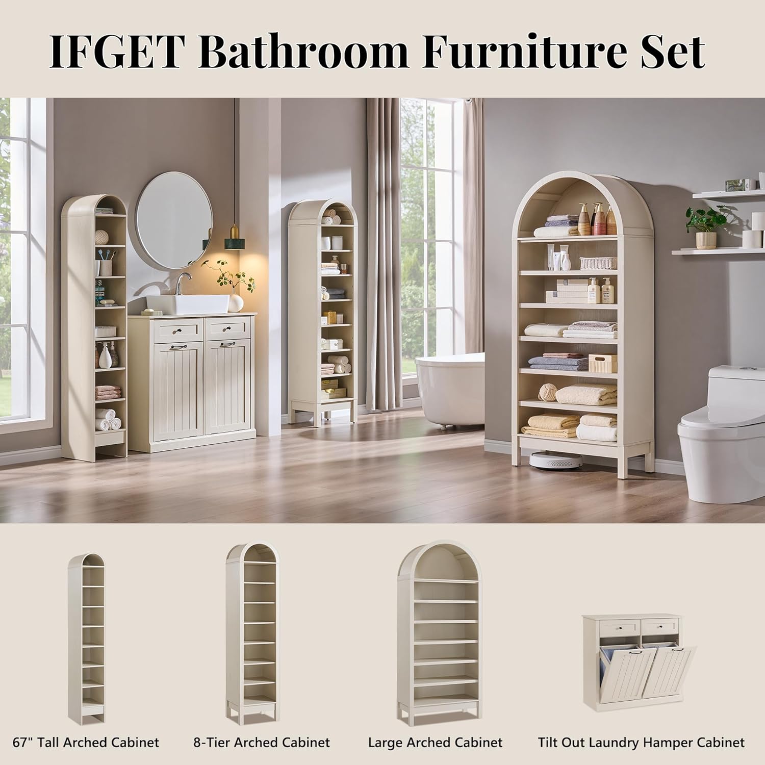 IFGET 71" Tall Arched Shoe Storage Cabinet, 8 Tiers 16 Pairs Wooden Shoe Rack with 3 Adjustable Shelves, Freestanding Shoe Closet Shelf Organizer for Entryway, Hallway, Living Room (Cream)