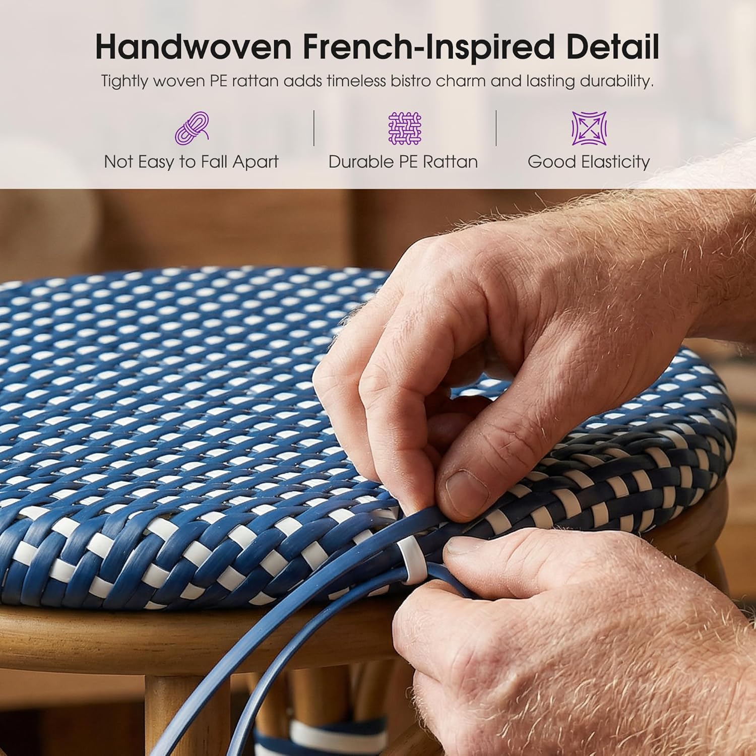 PURPLE LEAF Outdoor French Round 30" Bar Stool Set of 2 Oversized Backless Stackable Bar Chairs with Rattan Wicker Bamboo Print Aluminum Frame for Patio Island Poolside Bistro Deep Blue
