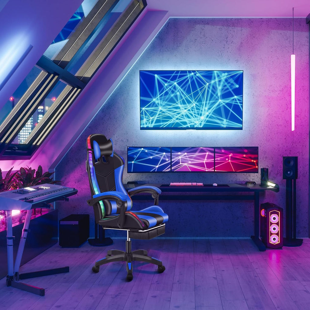 Gaming Chair, Computer Chair with Footrest and Lumbar Support, Height Adjustable Game Chair with 360° Swivel Seat and Headrest, High Back Office Chair with Bluetooth Speakers and LED Lights Blue