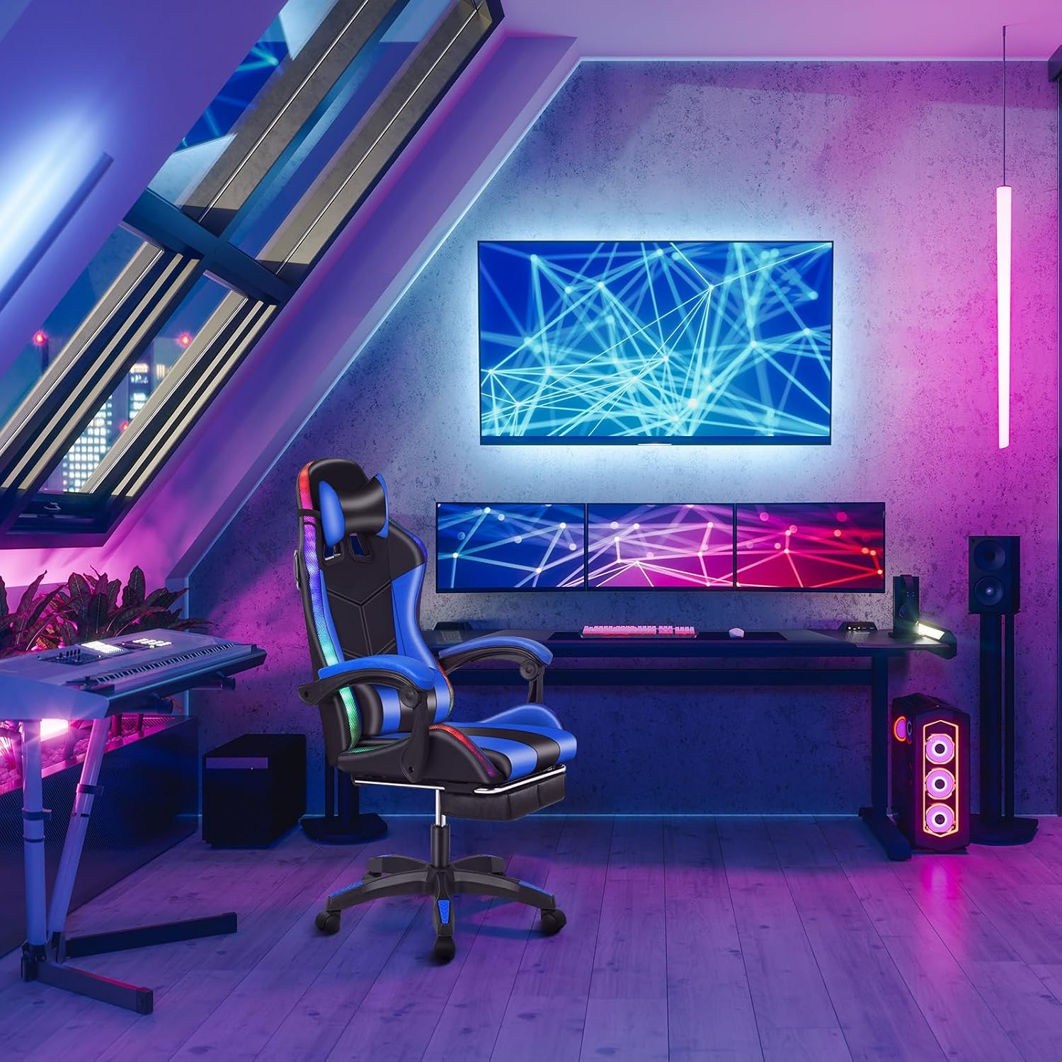 Gaming Chair, Computer Chair with Footrest and Lumbar Support, Height Adjustable Game Chair with 360° Swivel Seat and Headrest, High Back Office Chair with Bluetooth Speakers and LED Lights Blue