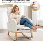 MINCETA Nursery Rocking Chair with Retractable Footrest, Chenille Glider Recliner Chair with High Backrest, Side Pocket and Silent Wood Base for Nursery, Living Room and Bedroom, Cream White