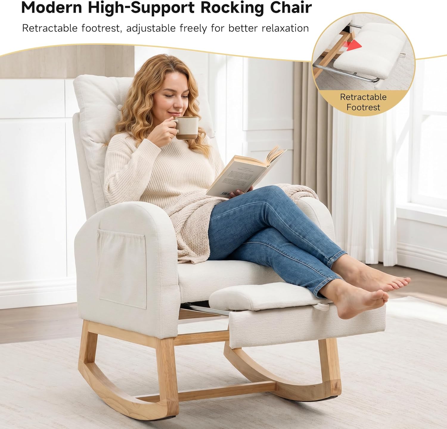 MINCETA Nursery Rocking Chair with Retractable Footrest, Chenille Glider Recliner Chair with High Backrest, Side Pocket and Silent Wood Base for Nursery, Living Room and Bedroom, Cream White