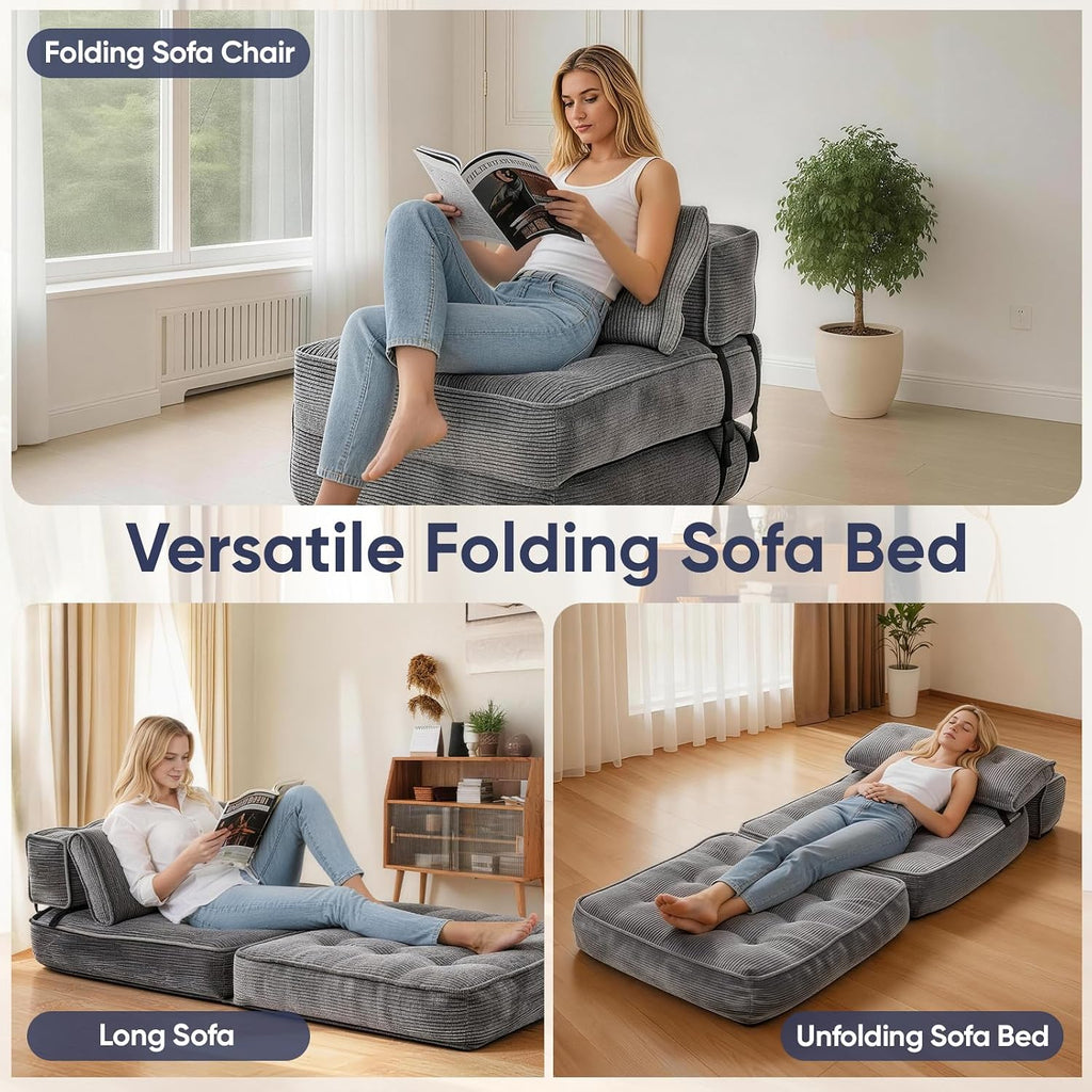 Folding Sofa Bed, Convertible Single Sleeper Chair with Back Support & Pillow, Multifunctional Fold Out Chair Bed for Small Space Living Room Bedroom Guest Office (Grey)