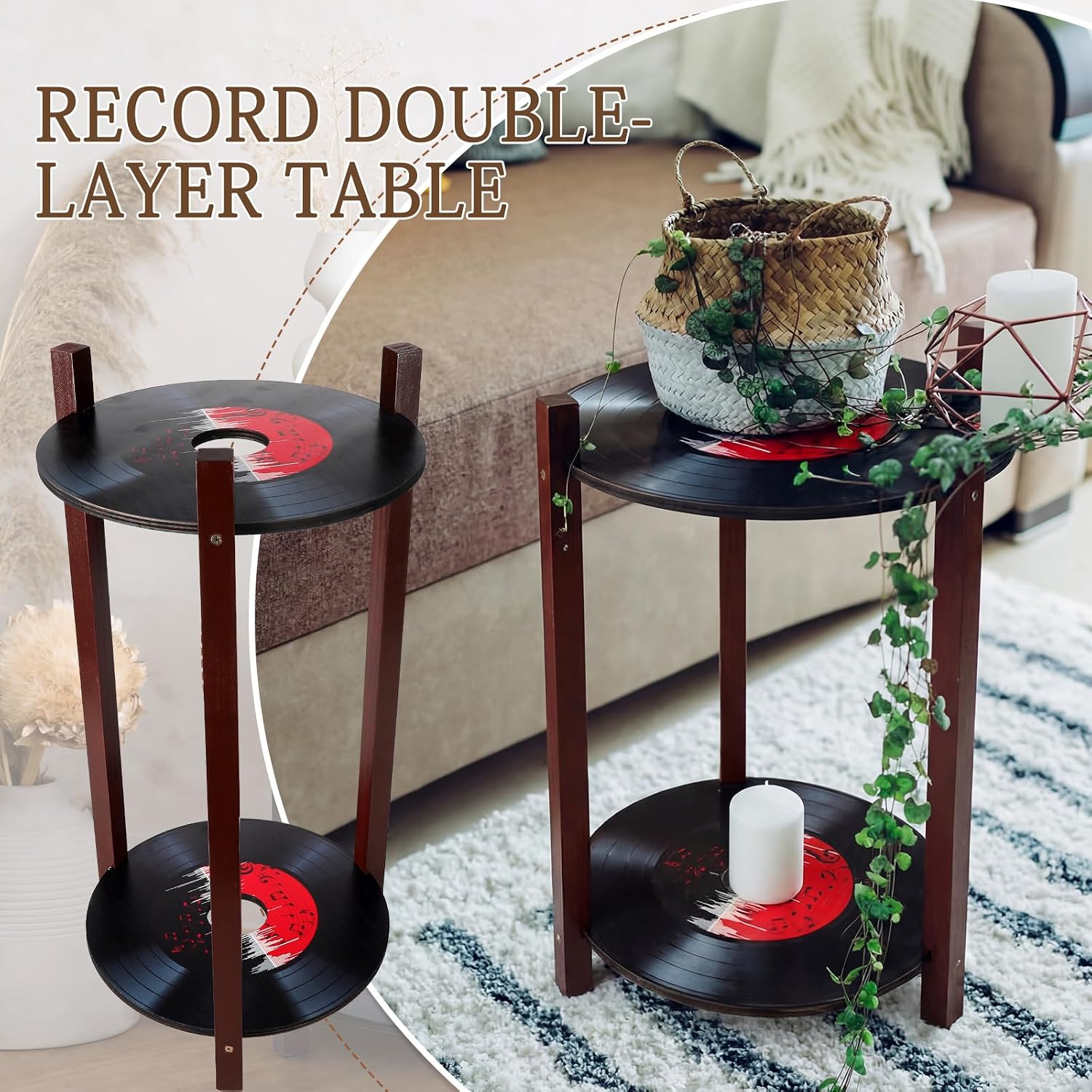 Roowest Vinyl Record Table 2 Tier Round Side Table with Storage Shelf Retro Record Desk Music Theme Home Decoration for Room Bedroom Plant Stand 1950's Rock and Roll Music Birthday Party Decor