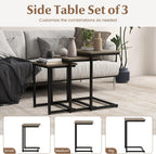 Giantex Nesting Coffee Table Set of 3, Stackable Square End Table w/Wood Grain Tabletop & Heavy-Duty Metal Frame, Farmhouse C-Shaped Accent Table for Small Space, Living Room, Bedroom (Black Oak)