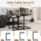 Giantex Nesting Coffee Table Set of 3, Stackable Square End Table w/Wood Grain Tabletop & Heavy-Duty Metal Frame, Farmhouse C-Shaped Accent Table for Small Space, Living Room, Bedroom (Black Oak)