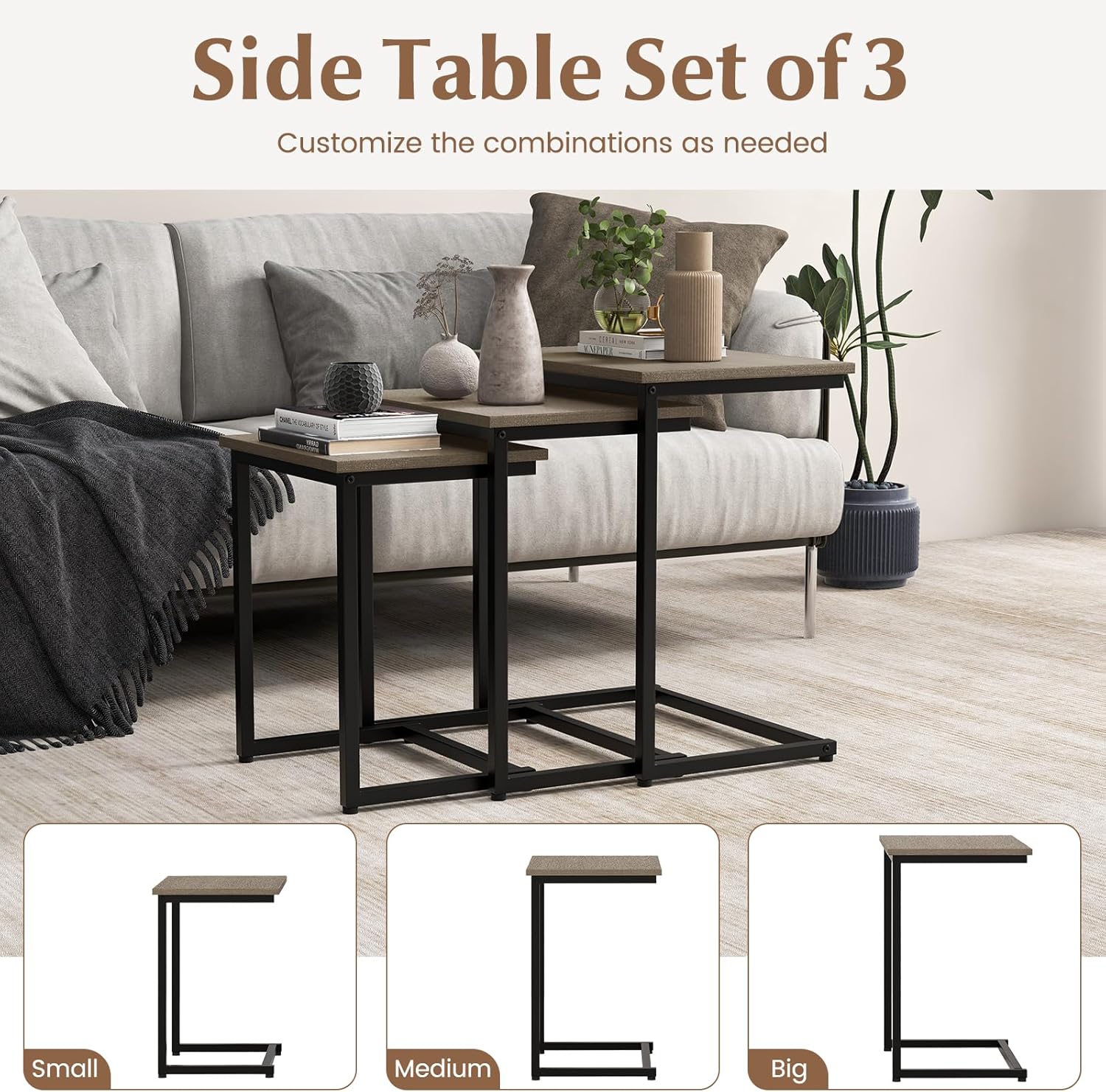 Giantex Nesting Coffee Table Set of 3, Stackable Square End Table w/Wood Grain Tabletop & Heavy-Duty Metal Frame, Farmhouse C-Shaped Accent Table for Small Space, Living Room, Bedroom (Black Oak)