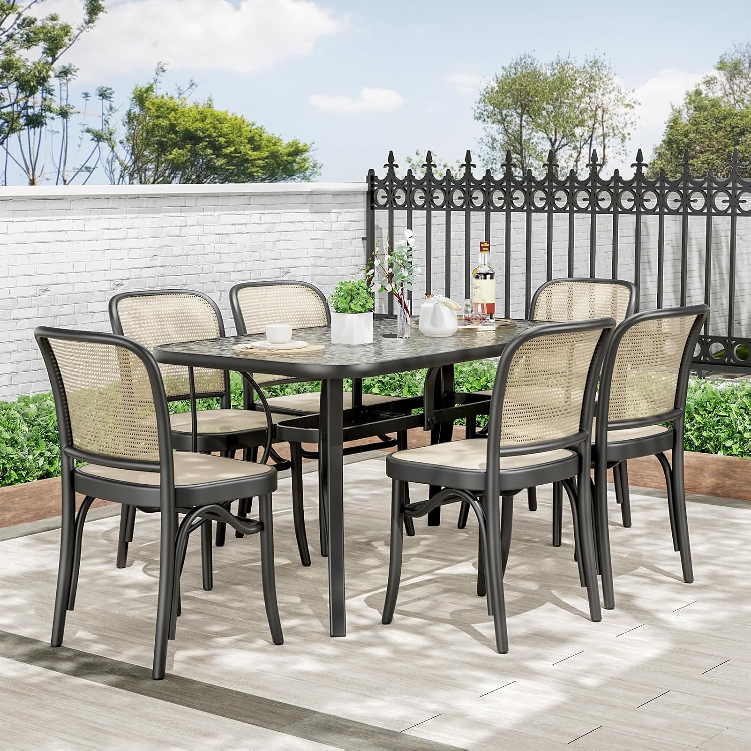 TLSUNNY Patio Outdoor Table W/ 1.69″ Umbrella Hole, 30"X 55" Rectangular Tempered Glass Patio Dining Table for 6, Outdoor Metal Furniture, All-Weather Use, for Patio, Graden, Backyard (Black)