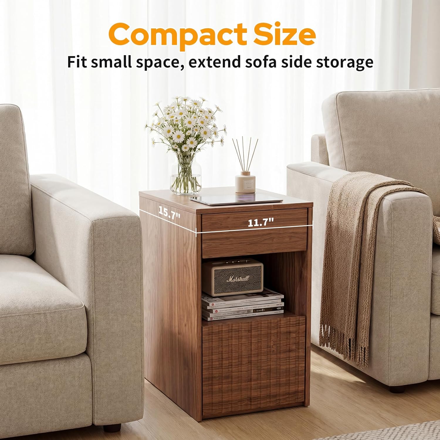 Eongdon Fluted Nightstand Set of 2, Mid Century Modern End Table with 2 Drawers and Open Storage, 11.7" W Narrow Bedside Table Organizer, Wood-Like Walnut Finish Compact Night Stand for Bedroom, Sofa