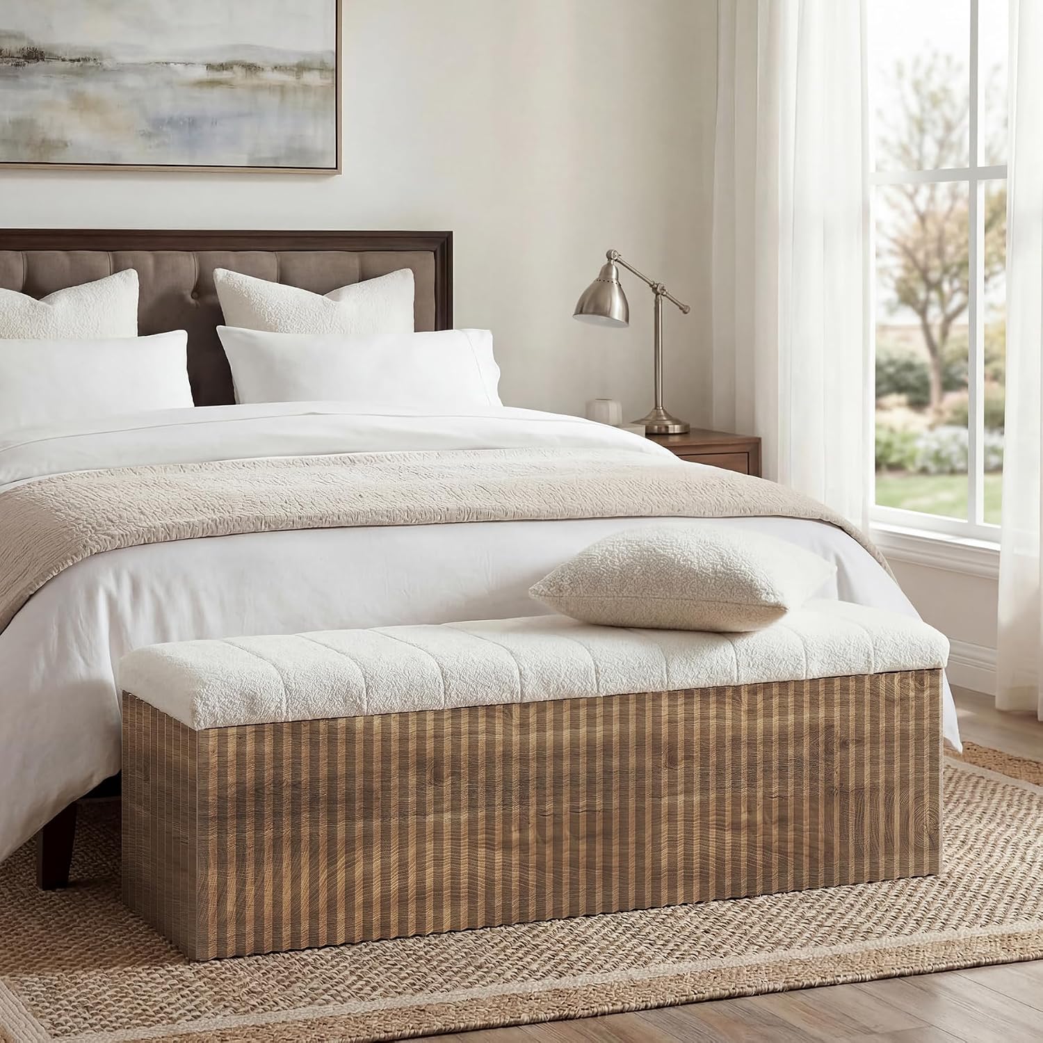 LITTLE TREE Upholstered End of Bed Storage Bench, 63" Farmhouse Wooden Entryway Bench with Cushion, Padded Ottoman with Shoe Storage for Bedroom, Living Room, Hallway, Window, Foot of Bed