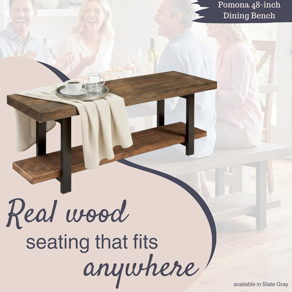 Alaterre Furniture Pomona Dining Bench - 48-Inch Modern Industrial Solid Wood Indoor Bench with Open Bottom Storage Shelf - Seating for Kitchen, Dining Room, and Living Room (Rustic Brown)