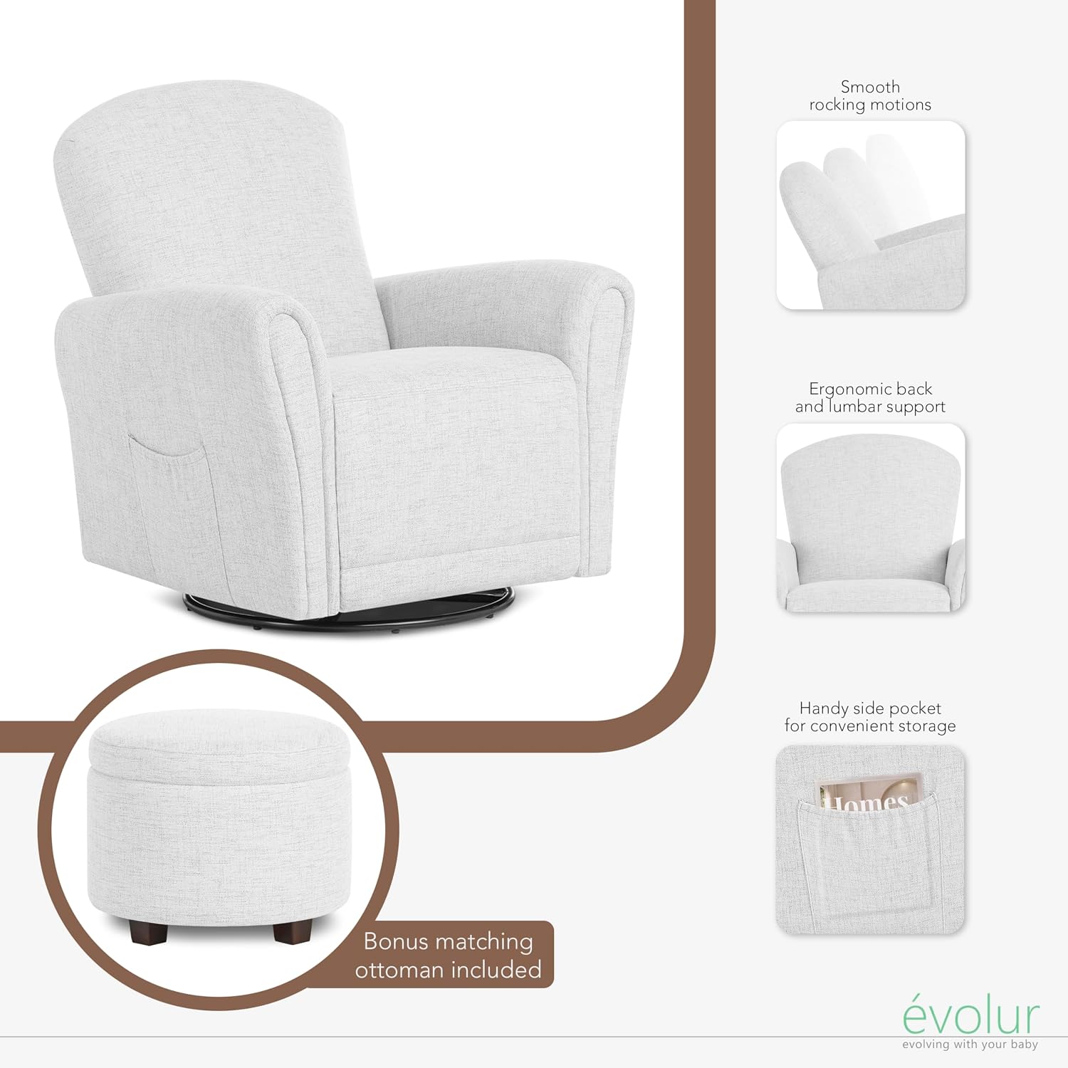 Evolur Vienna Swivel Glider with Ottoman, 360° Swivel, Without Nailhead Trim, Greenguard Gold & FSC-Certified, Nursery Chair in Fog Grey