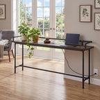 VECELO Narrow Sofa Table with Outlets & USB Ports, Industrial-Style Behind-Couch Table for Entryway, Hallway, Living Room, Bedroom, 71 Inch, Grey Oak