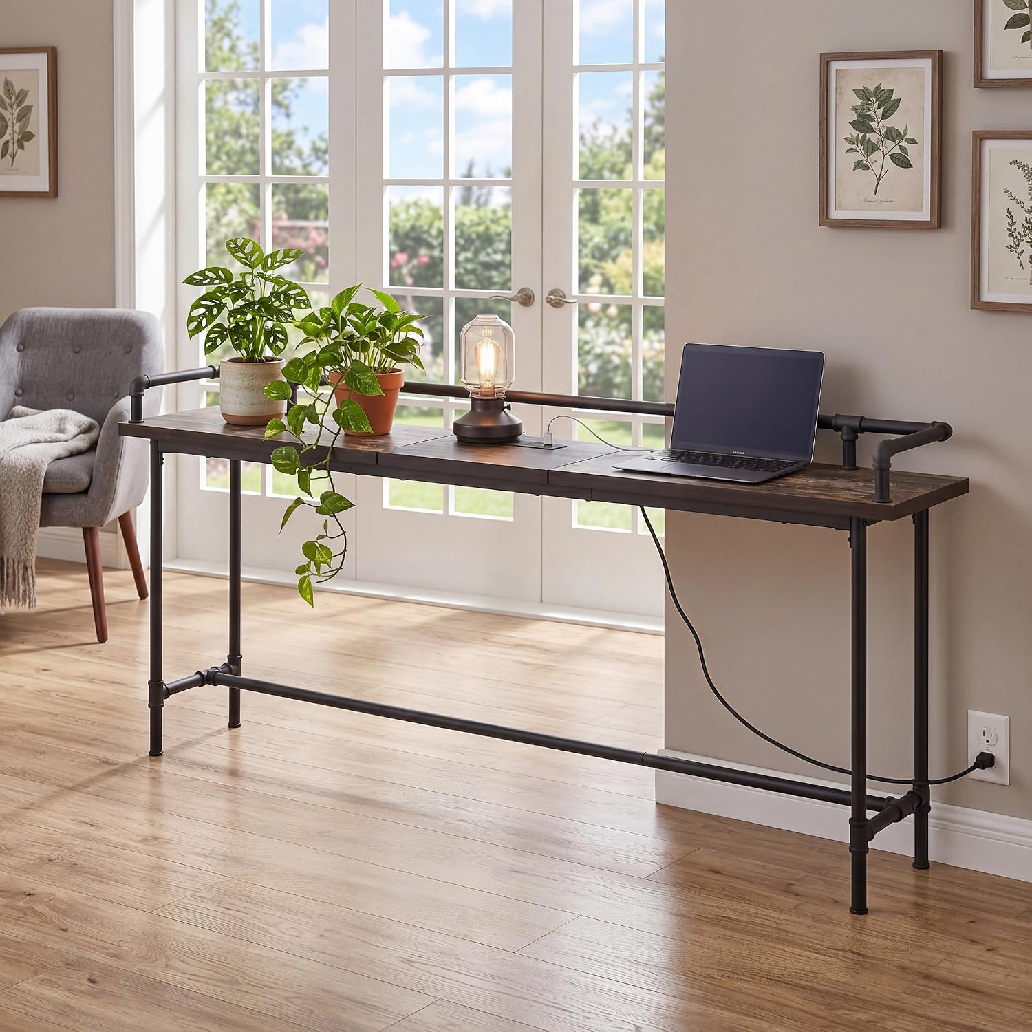 VECELO Narrow Sofa Table with Outlets & USB Ports, Industrial-Style Behind-Couch Table for Entryway, Hallway, Living Room, Bedroom, 71 Inch, Grey Oak