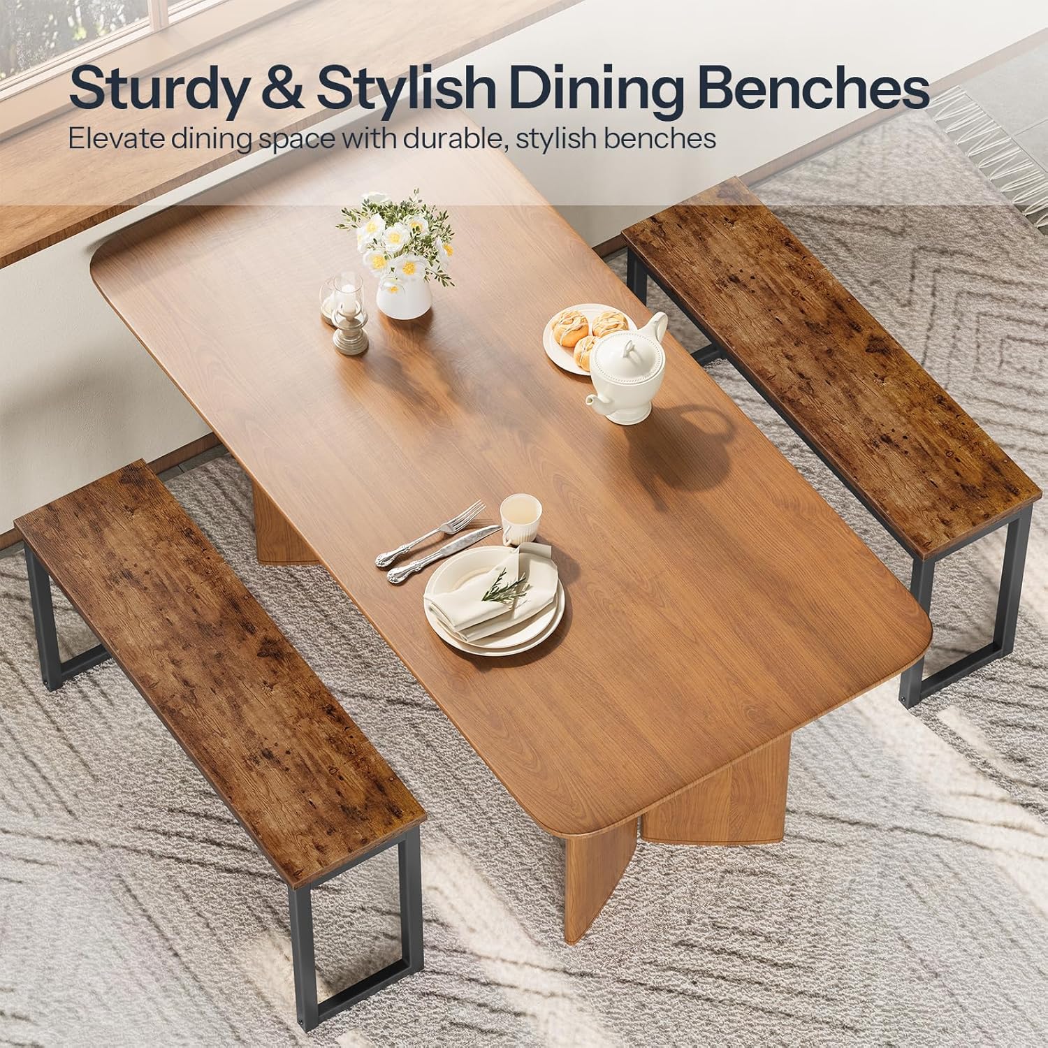 HOOBRO Dining Benches, Pair of 2 Industrial Style Indoor Benches, Durable Metal Frame, for Kitchen, Dining Room, Living Room, Rustic Brown BF01CD01