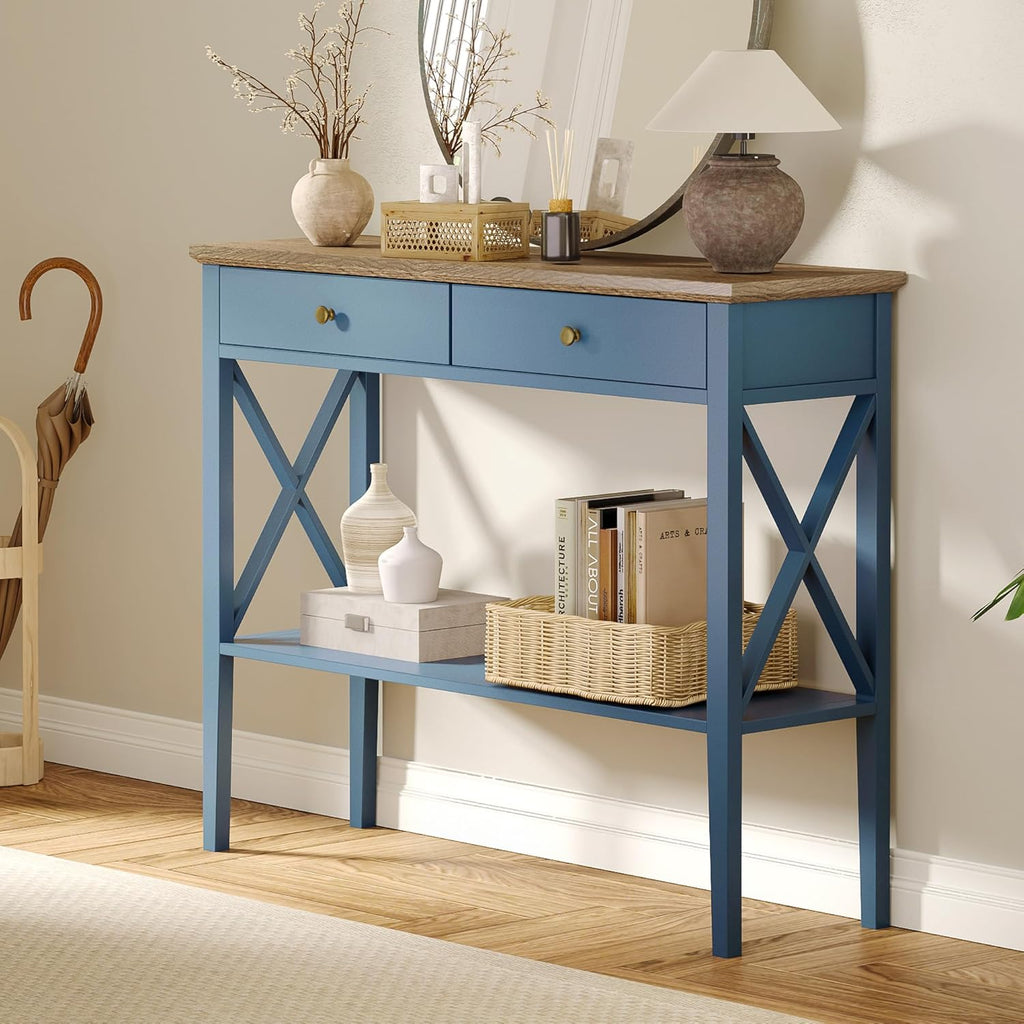 ChooChoo Console Table with Drawers, Narrow Wood Accent Sofa Table Entryway Table with Storage Shelf for Entryway, Front Hall, Hallway, Living Room, Blue